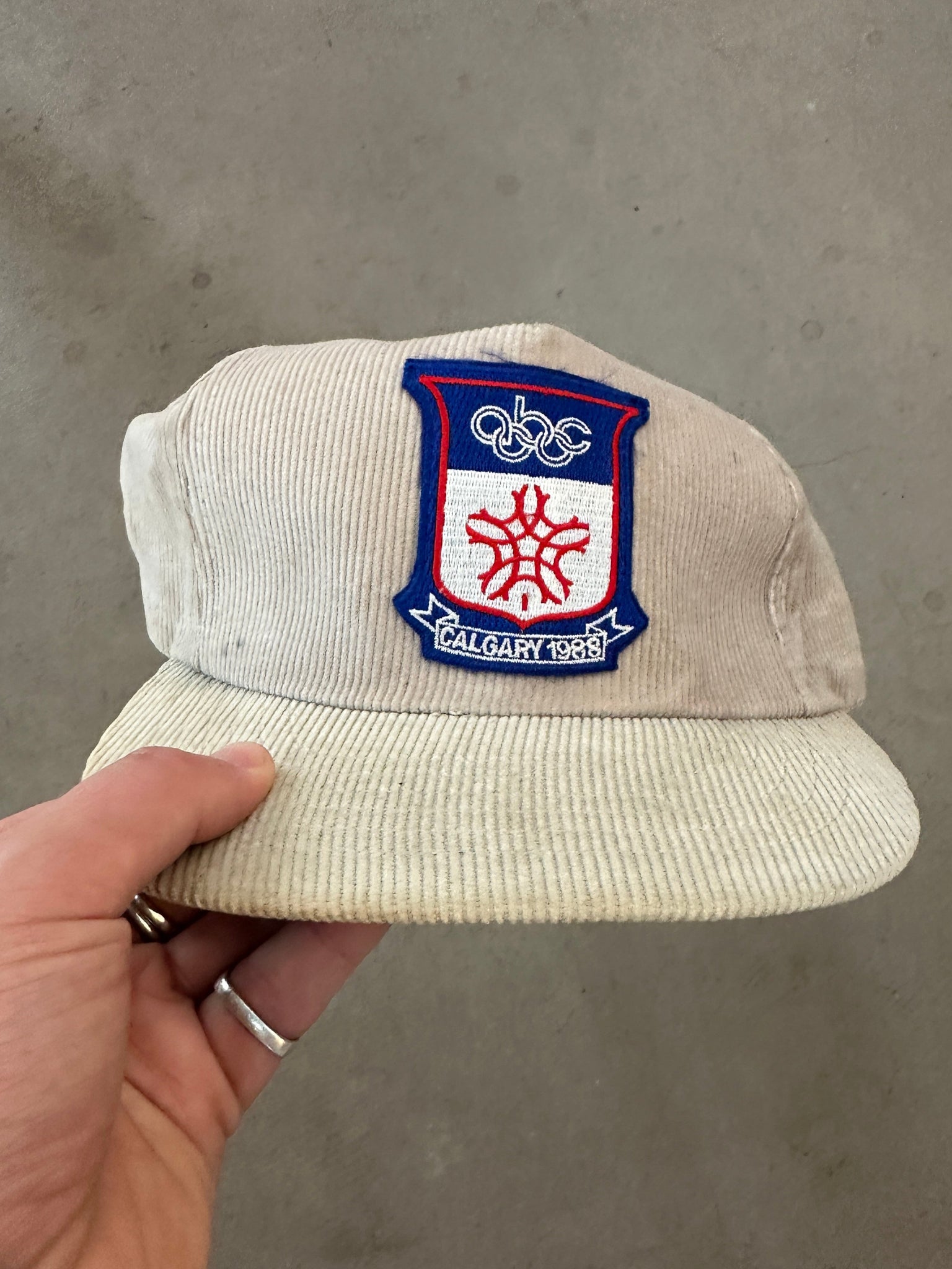 Beige cap with a logo held by a hand against a gray background